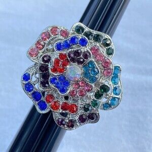 MULTICOLOR Flower Rhinestones Ring Silver Tone Stretch Cocktail Statement Sz 7